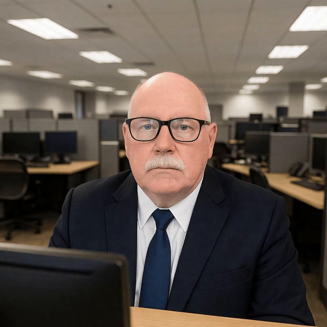 Prompt: the man gets up from the chair and looks at the computer screen with a surprised expression