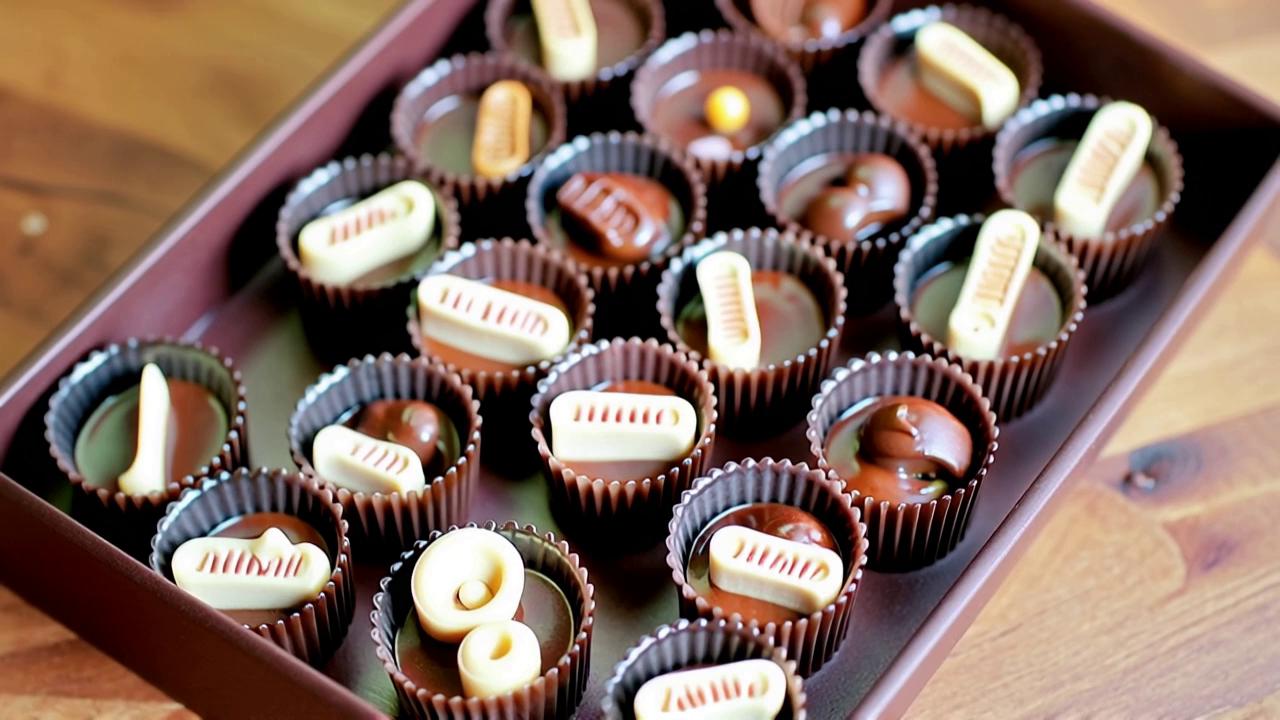 Prompt: Elegant chocolate confections are meticulously arranged in a dark brown box, each nestled in its own fluted cup. The assortment features a variety of shapes, predominantly musical notes and symbols, intricately designed atop glossy chocolate surfaces, some adorned with delicate toppings like sprinkles or floral patterns. The warm hues of the chocolates create an inviting atmosphere, while the natural wood background hints at a cozy, artisanal setting. The overall composition captures a sense of delight and creativity, merging the joy of fine chocolate with the passion for music, evoking an atmosphere of indulgence and inspiration.