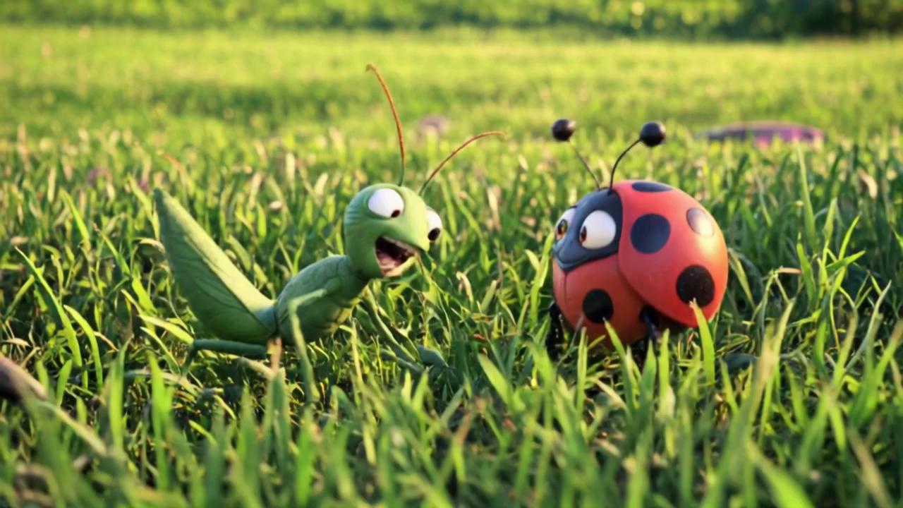Prompt: 6 legged Grasshopper to talking to the ladybird alone in the grassy area
