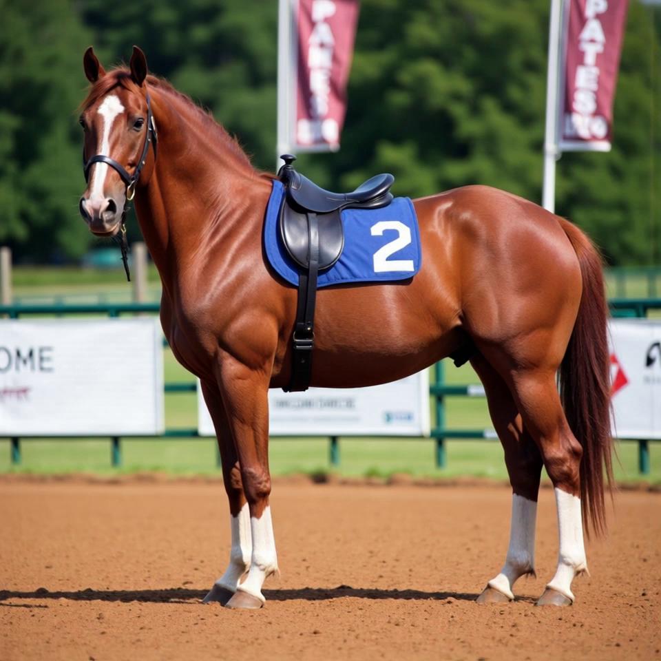 Prompt: photorealistic chestnut stallion Secretariat 660d0db5 with brown body, white blaze on face, blue number 2 saddle, white lower legs, black hooves In a sun-drenched arena, the camera sweeps around a striking brown horse with a prominent white blaze sweeping down its face. Decked out in a vibrant blue number 2 saddle that contrasts beautifully with its sleek coat, the horse stands proudly, its white lower legs glistening against the rich earth beneath. The dynamic angles capture the sun's rays highlighting the soft glimmer of its black hooves, ensuring the character steals the scene amidst the surrounding banners waving gently in the breeze, providing a fitting backdrop that emphasizes its athletic grace.