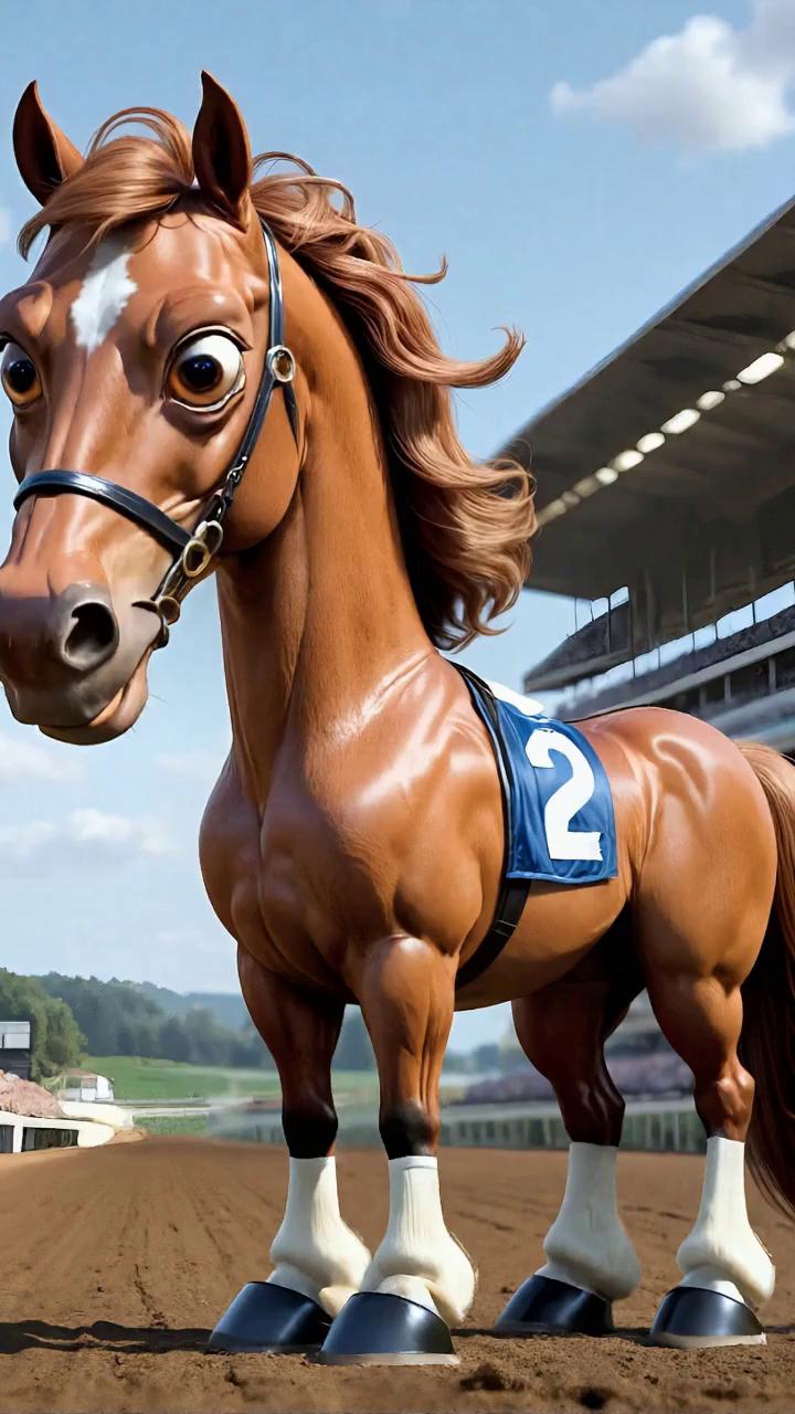 Prompt: Secretariat walking towards the camera, he looks at the camera and kicks dirt, rears up then aggressively stares at the camera. the camera zooms into his face.
