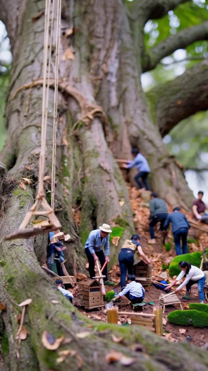 Prompt: “Hyper-detailed macro shot of tiny workers building a forest village on the rough bark of a tree. Some carve out wooden houses, others plant moss gardens, and cranes made from twigs lift tiny logs into place. The warm, organic environment becomes a