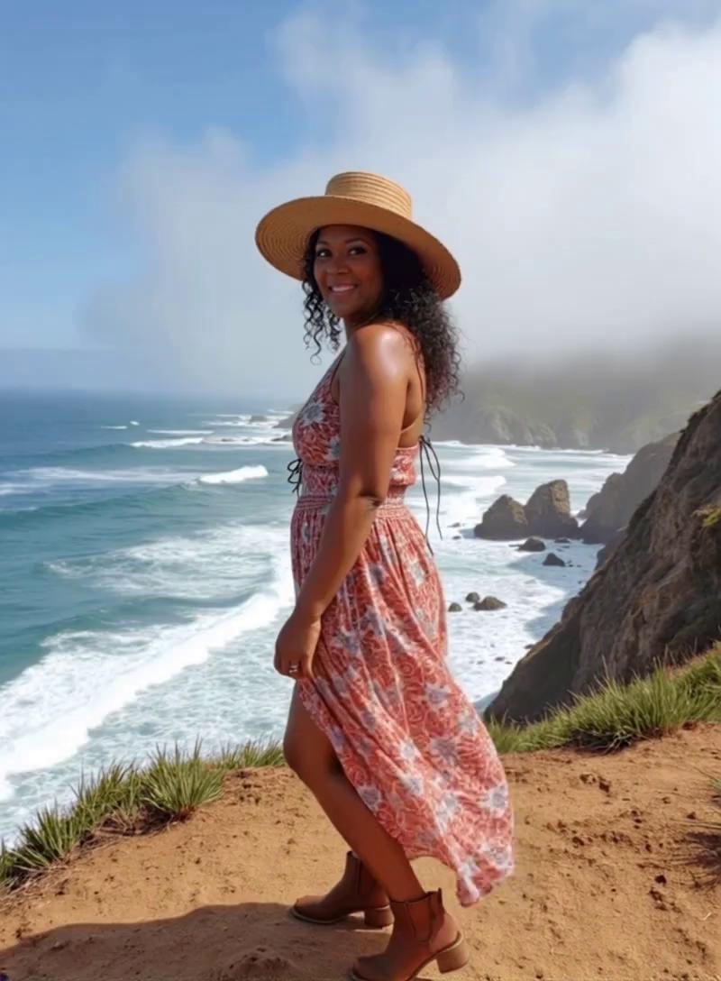 Prompt: A stunning coastal cliffside at golden hour, where waves crash against the rocks far below and soft mist floats over the mountains. She stands near the edge, glowing in the warm light, wearing a coral and white floral sundress, stylish ankle boots, and a wide-brim straw hat. Her curly hair moves gently in the breeze. She gazes out at the ocean, then slowly turns her head over her shoulder to smile warmly at the camera. Her expression is calm and confident. After a moment, she begins walking gracefully along the cliffside path, her dress flowing with each step and her silhouette framed by the breathtaking coastal view. The camera pans slightly as she walks, keeping her centered in the frame while capturing the scenic backdrop in motion. She turns back around to the front of the camera and smiles gracefully with a pose.