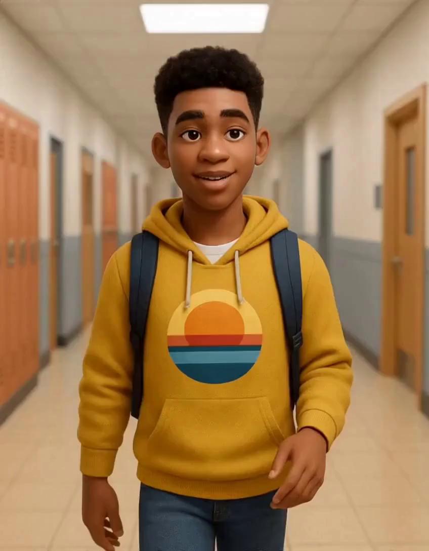 Prompt: a biracial black and Hispanic teenage boy, wearing a black graphic hoodie and jeans, walking down a school hallway. smiling and holding a backpack over one shoulder, high school students are walking to class in the background, the camera pushes back tracking his forward movements as he walks at a normal pace.