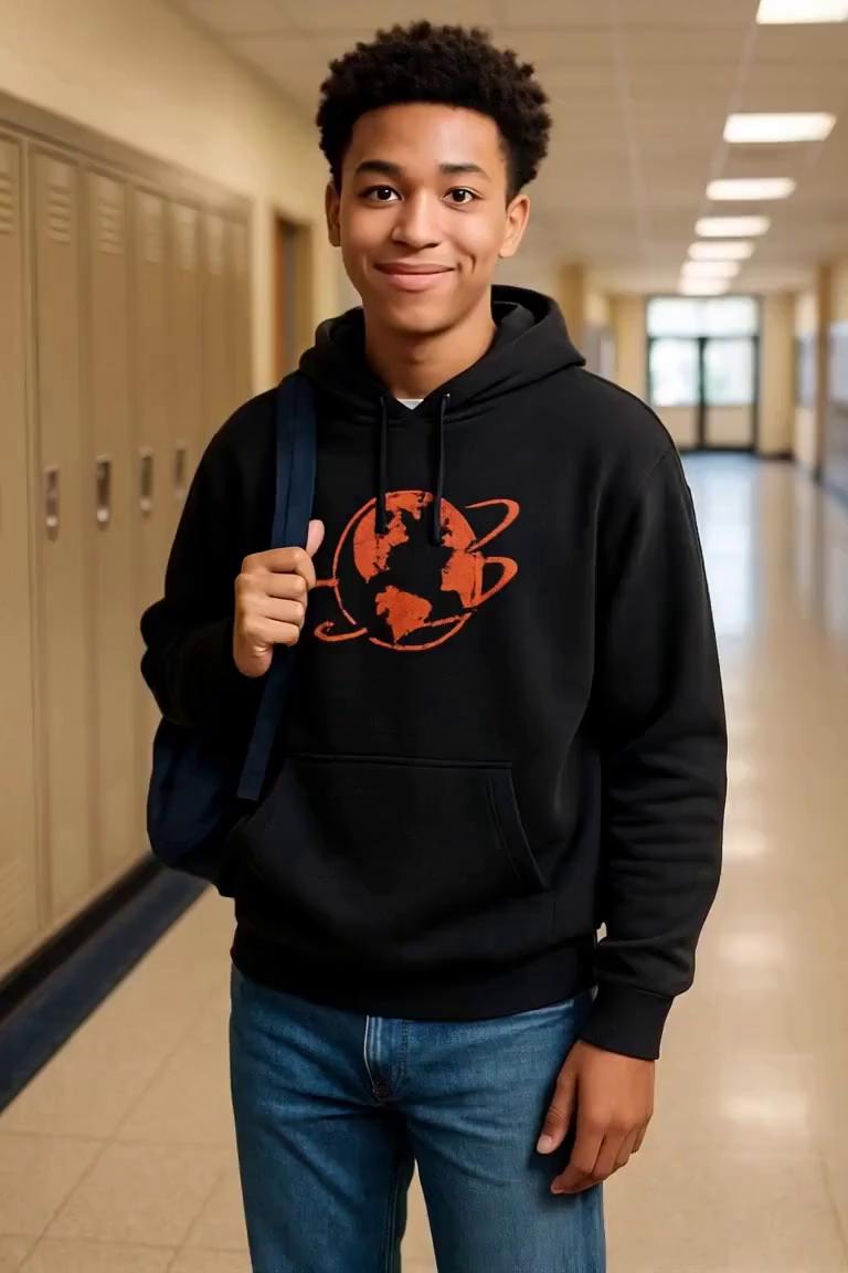 Prompt: A high school teenage boy, wearing a black graphic hoodie and jeans, walking down a school hallway. smiling and holding a backpack over one shoulder, the camera pushes back tracking his forward movements as he continues to walk down a hallway to class as high school students walk in the background