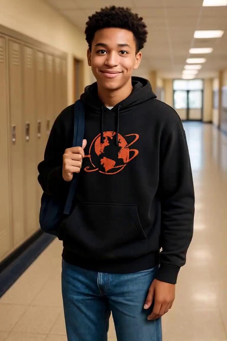 Prompt: a biracial black and Hispanic teenage boy, wearing a black graphic hoodie and jeans, walking down a school hallway. smiling and holding a backpack over one shoulder, high school students are walking to class in the background, the camera pushes back tracking his forward movements as he walks at a normal pace.