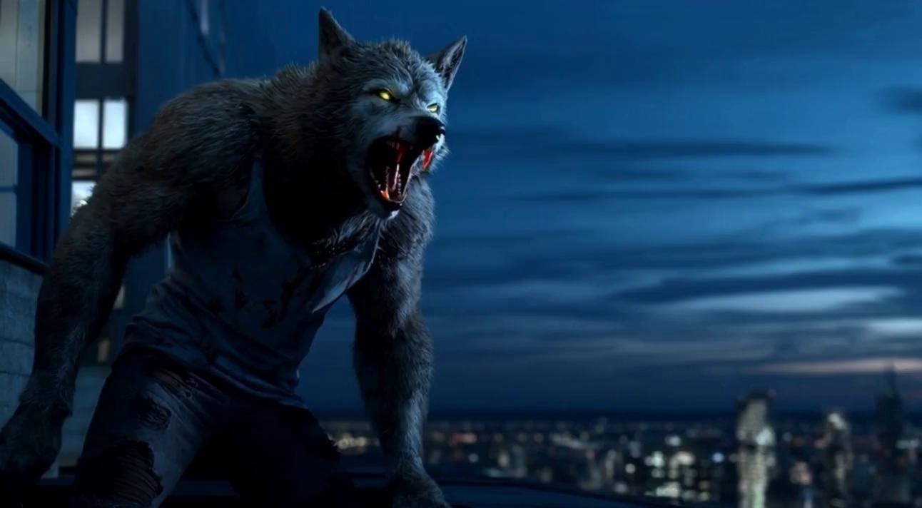 Prompt: a werewolf snarling out to the city on a roof, head tilts his head back and starts to howl