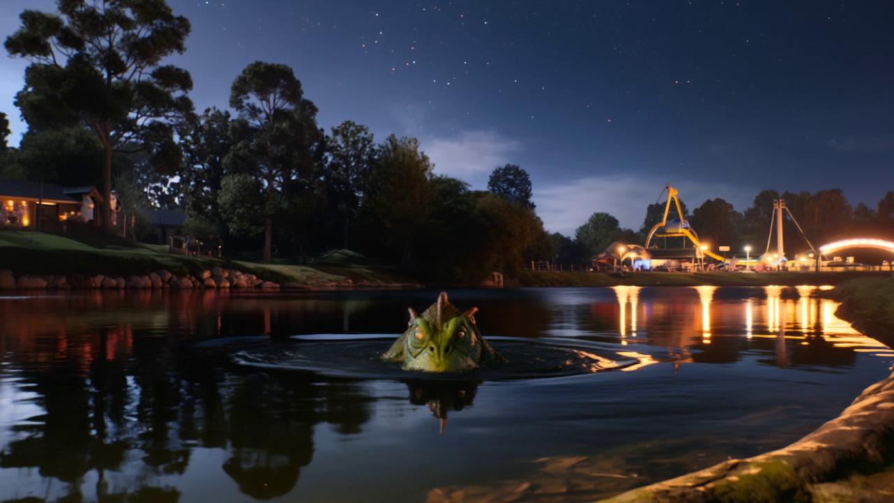 Prompt: a photo realistic high quality green swamp creature with gills and big fish like eyes and big sharp teeth lurking in a local river inside a public park with a fair ground in the back ground, set at night, light from the fair grown lights the creatures details, he emerges from the water and stands on the bank of the river, full body shot camera angle following his slow movement 