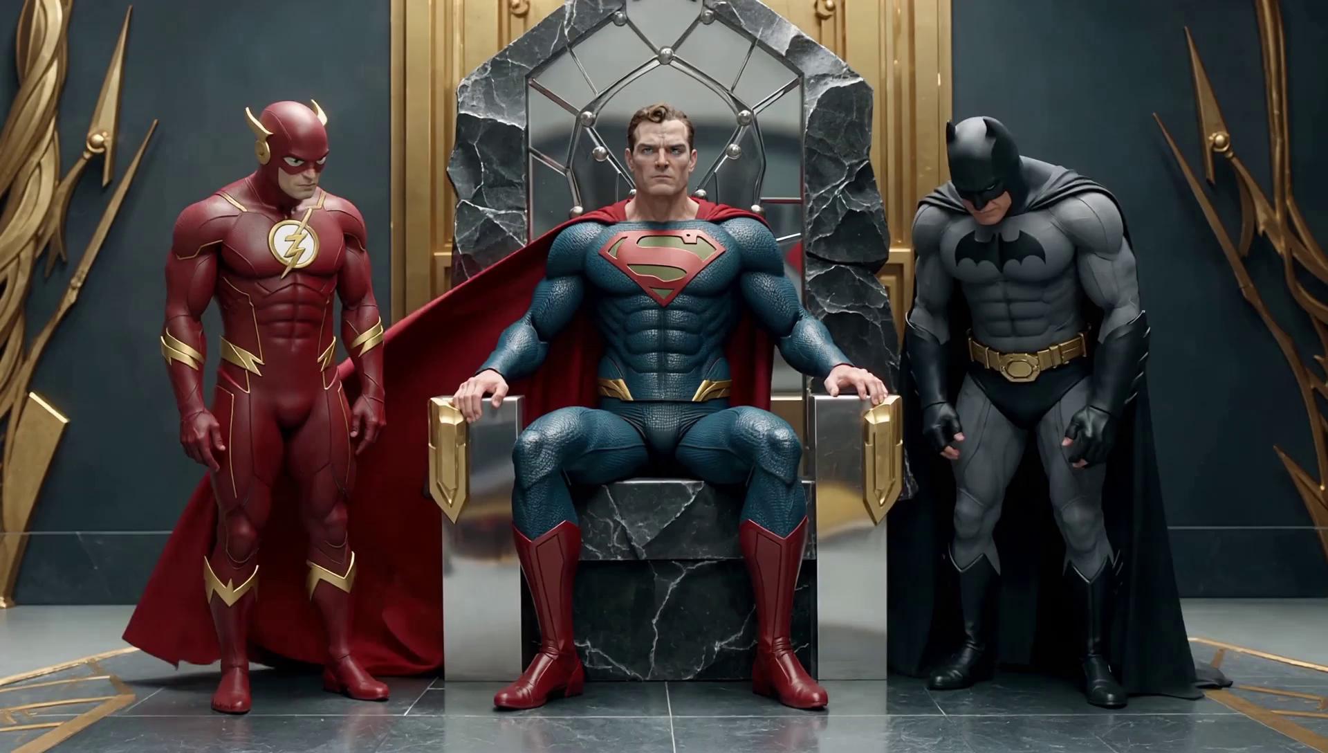 Prompt: Hyper-detailed portrait of Superman hybrid seated on a mirrored obsidian throne. Half his face is angelic, glowing with false purity; the other, demonic, wrapped in shadows. His robe is stitched from lies, flickering in form. Surrounding him are The Flash and Batman weeping. Ultra-realistic lighting, haunting atmosphere, baroque gold accents Superman logo as a scar on his chest 