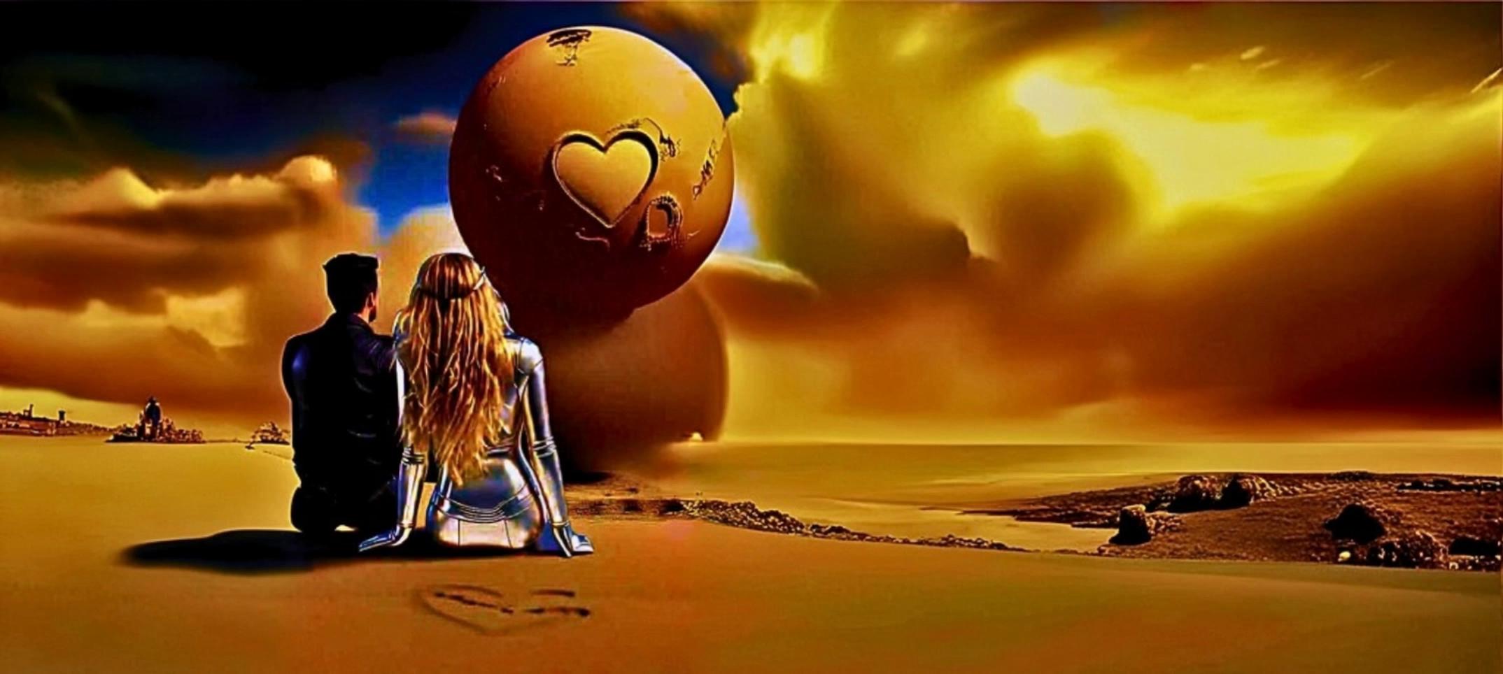 Prompt: they continue to stare at the moon while he puts his right arm around her always looking forward, the sand clouds move from right to left, the camera slowly zooms in keeping them centered - - ar 16:9
