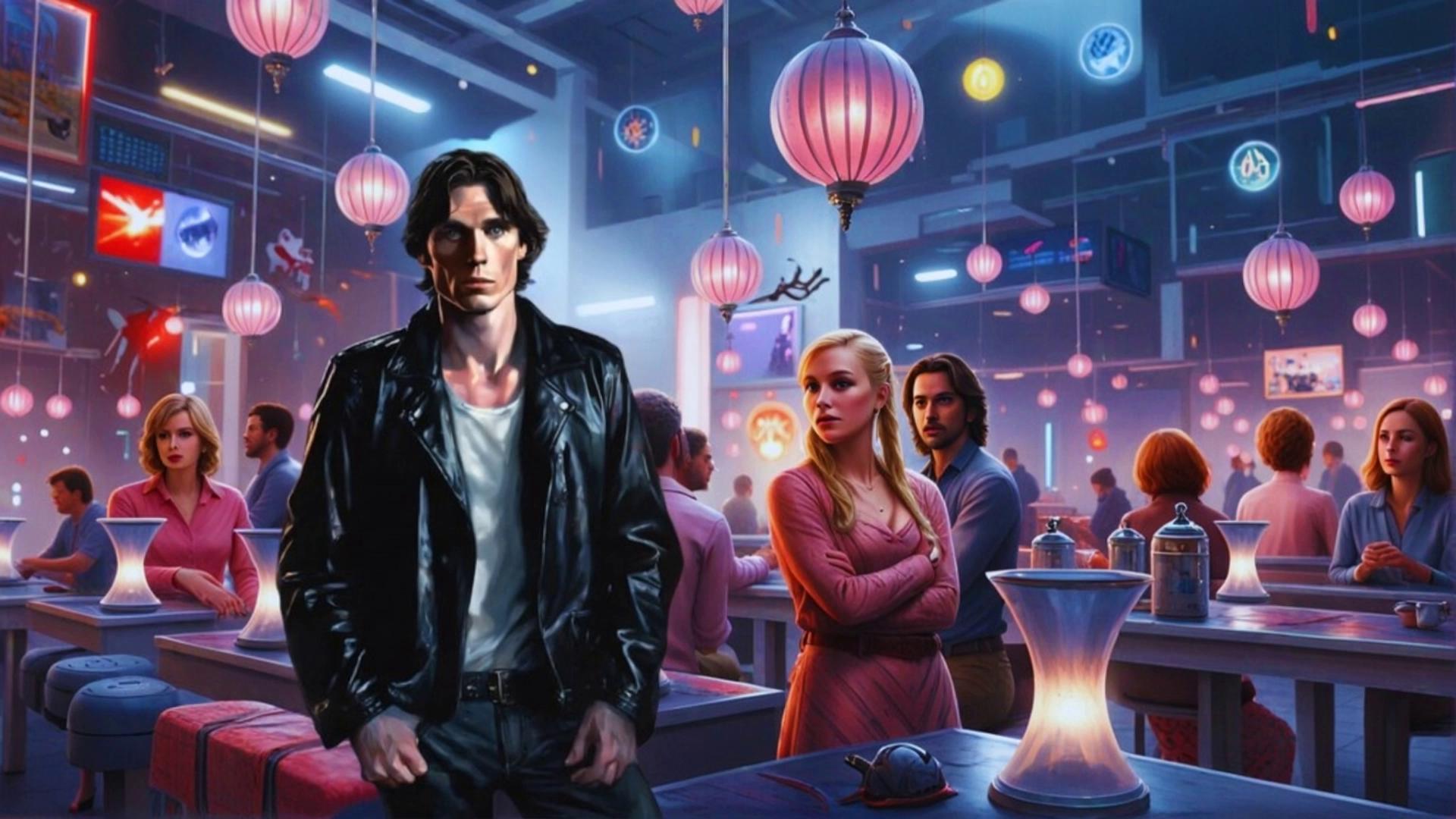 Prompt: he turns his head slightly to the left, a look of wonder slowly forms on his face, camera pans left and zooms in on his face, he looks into the camera, bar scene with blue, red, white lights flashing and moving around, the people are having a great time, subtle shadows cross his face, - -  ar 16:9
