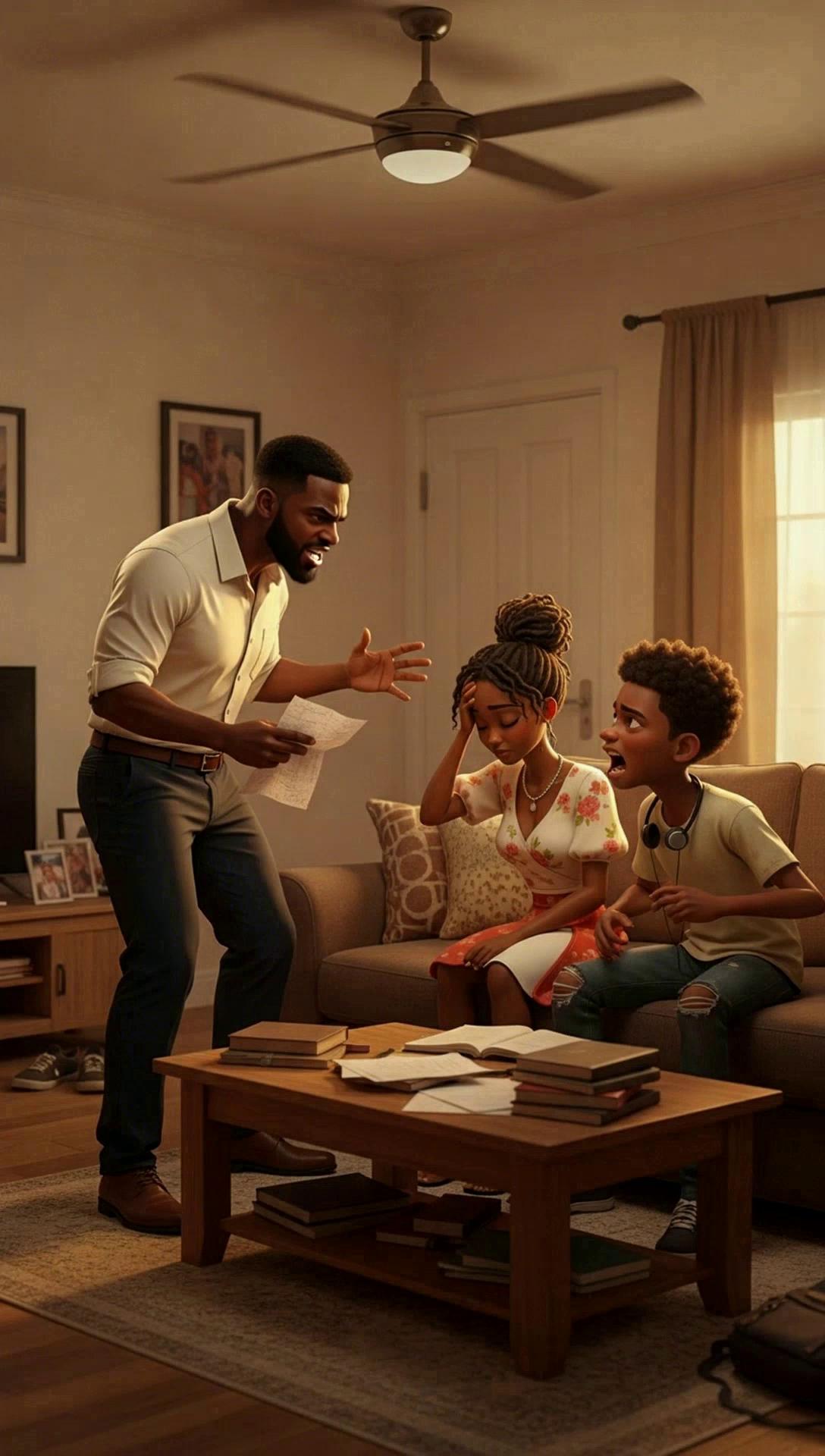 Prompt: Kayode (Father): the man wearing a white shirt,  standing holding a paper (furious,  while waving paper) 