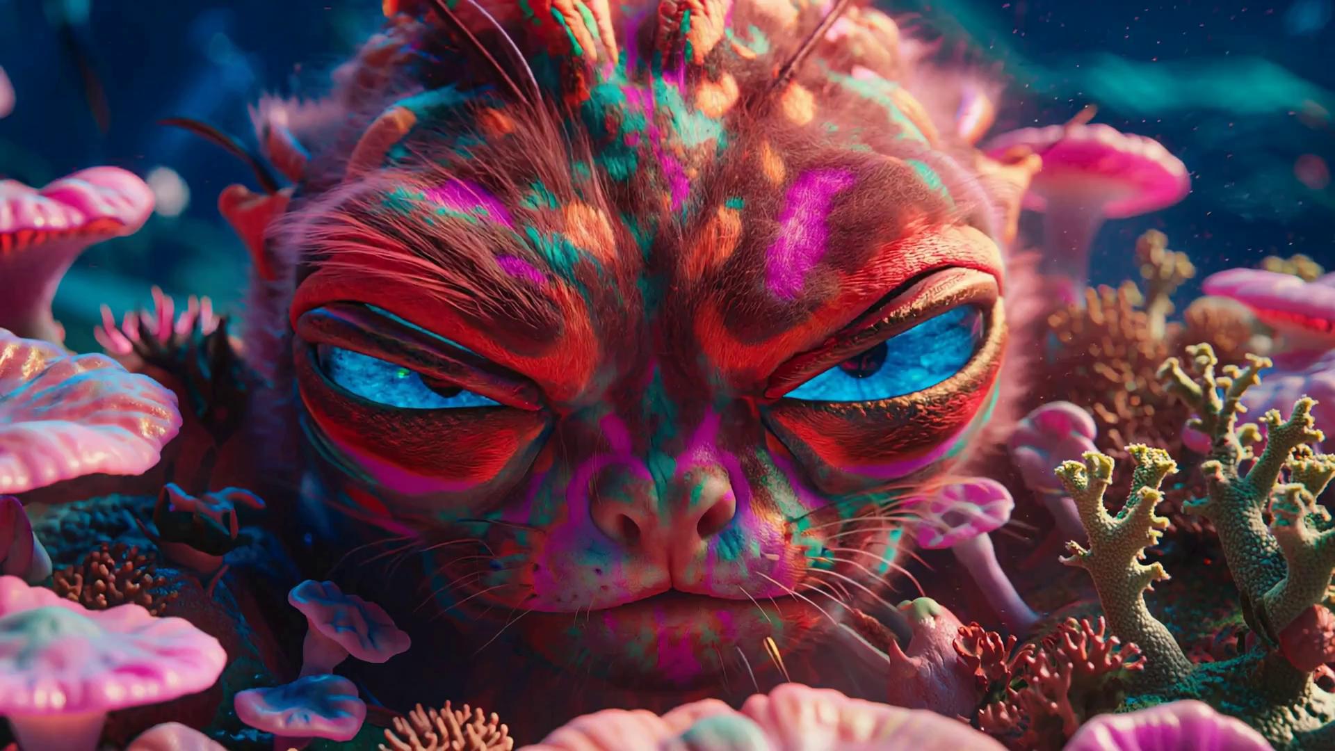 Prompt: A close-up shot of a fantasy creature with large, luminous blue eyes slowly opens, as it gazes around at the alien underwater world. The camera slowly pulls back to reveal the creature is nestled amongst glowing, pastel-colored fungi. The creature's skin is a blend of vibrant, fluorescent colors. The environment is filled with surreal mushrooms and lichen, all emitting a soft, otherworldly light. The camera focuses on the creature's eyes as it reacts to the alien environment. The lighting is soft and diffused, with the colors shifting subtly to create a sense of depth and mystery. A sudden burst of color occurs as a pod of fish swims past.