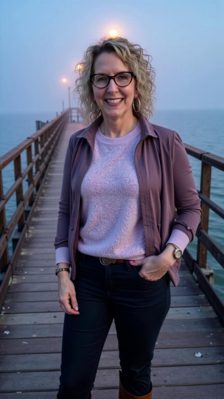 Prompt: with a warm smile, have her motion her hand and wave to invite someone along as she turns to walk toward the end of the pier. and then have her walk away from the camera