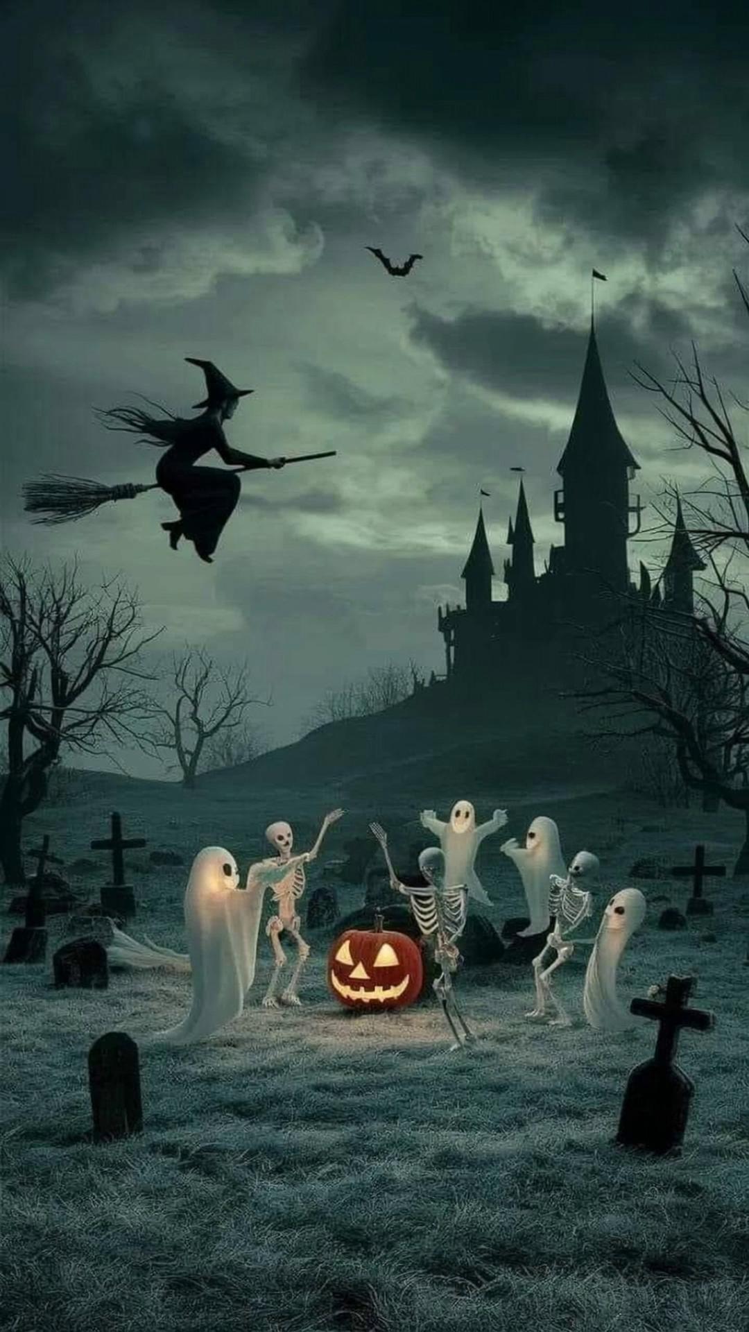 Prompt: Wide-angle 24mm lens with soft glowing highlights and whimsical realism. The camera sweeps in a gentle arc across the graveyard, capturing the witch gliding gracefully in the sky, her broom weaving in playful curves as she glances downward. Skeletons dance fluidly in sync, their movements lighthearted and musical, while cheerful ghosts twirl and loop around the jack-o’-lantern, creating flowing trails of glowing mist. The castle windows flicker with warm candlelight, bats dart across the sky, and falling autumn leaves drift past the camera. The overall mood is light, enchanted, and fun — a magical Halloween celebration.