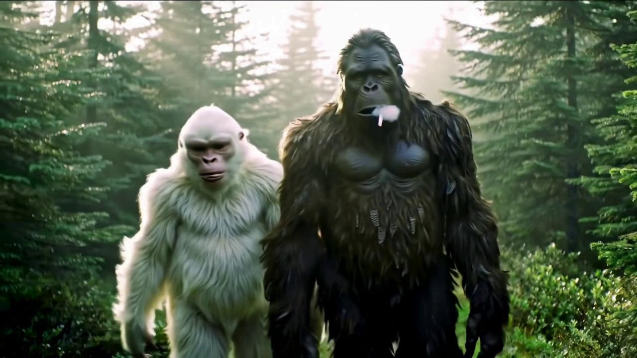 Prompt: A dense, misty evergreen forest at dawn. Shafts of light pierce through the towering pine trees, and birdsong echoes faintly in the background. Bigfoot and a Yeti walk side by side on a narrow dirt trail, surrounded by ferns and moss-covered logs.

Bigfoot is tall and shaggy with a brown, matted coat and an easygoing swagger. He holds a smoldering hand-rolled cigarette between his large fingers, occasionally taking exaggerated puffs and coughing aggressively.
The Yeti is slightly taller, covered in snowy white fur, with a more refined posture but a goofy grin. He laughs heartily at Bigfoot’s wheezing, tossing out sarcastic one-liners and nudging Bigfoot with a furry elbow.

They trade jokes casually, their voices deep and gravelly, with the sound of crackling underbrush beneath their feet. Occasional close-up shots show Bigfoot squinting as smoke wafts into his face, and the Yeti rolling his eyes.

The mood is playful and humorous with cinematic framing — wide shots of them silhouetted against morning fog, and close-ups showing their expressive, weathered faces. Gentle camera pans and forest ambience add depth to the environment.