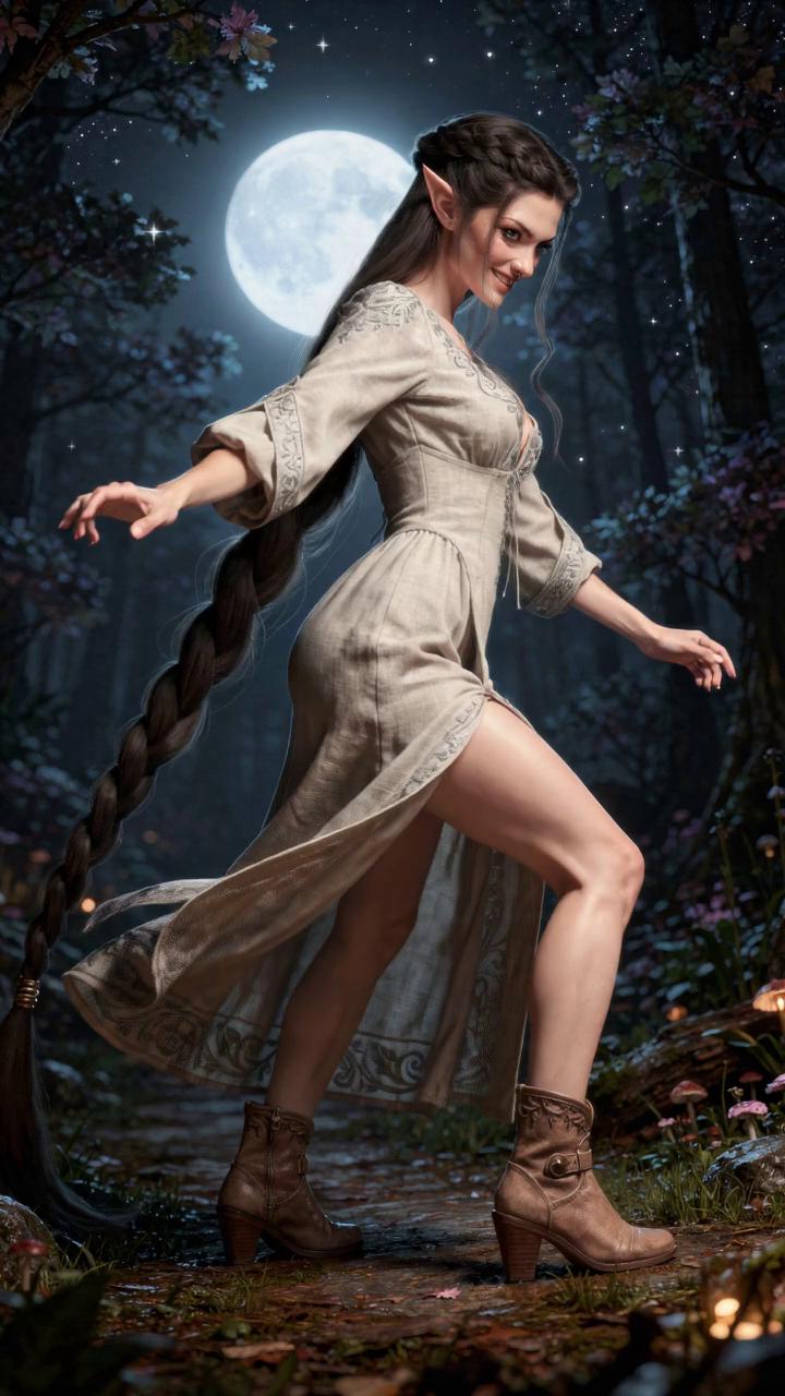 Prompt: The elf woman dances dynamically and elegantly beneath the full moon light and twinkling stars in an dark, enchanted forest.  She's expressing immense joy moving her body.
