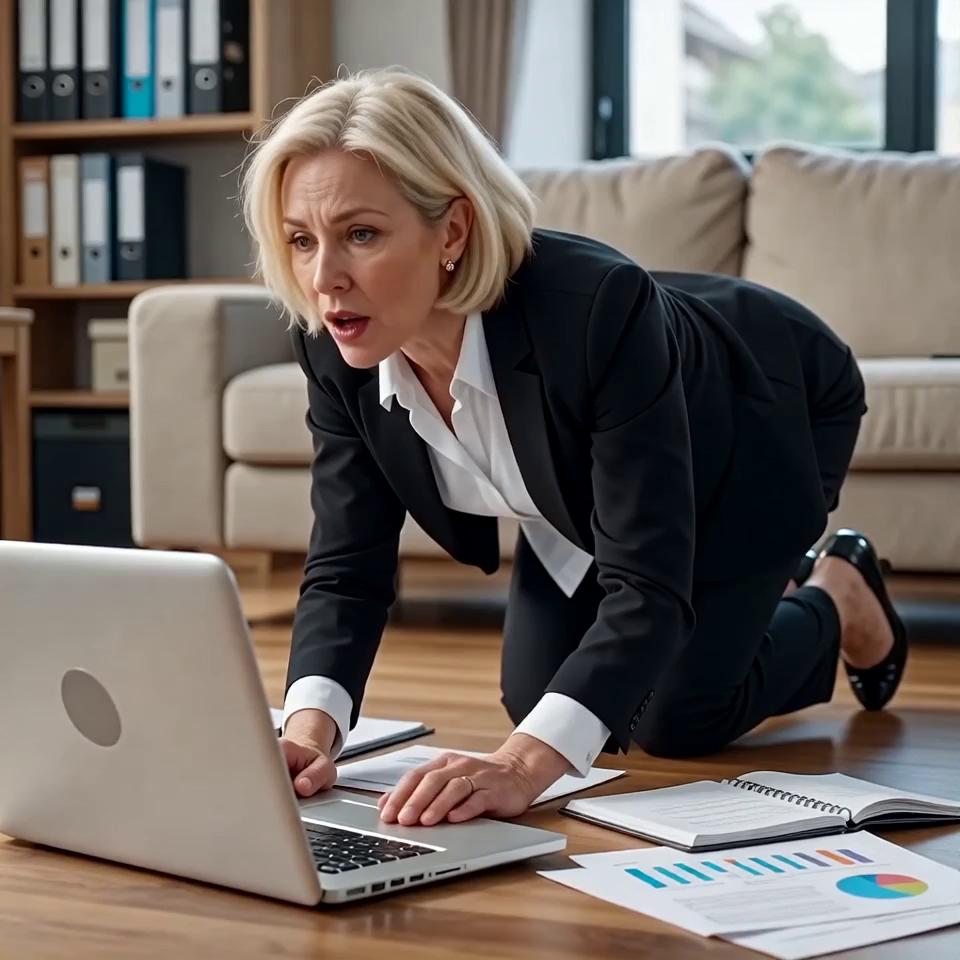 Prompt: American business  woman is working on her elderly boss today she is using her hands and mouth, she’s lying on her knees 