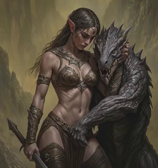 Prompt: Warrior woman in close combat with dragon she’s cutting into it with her sword but she has several talon cuts bleeding on her body 