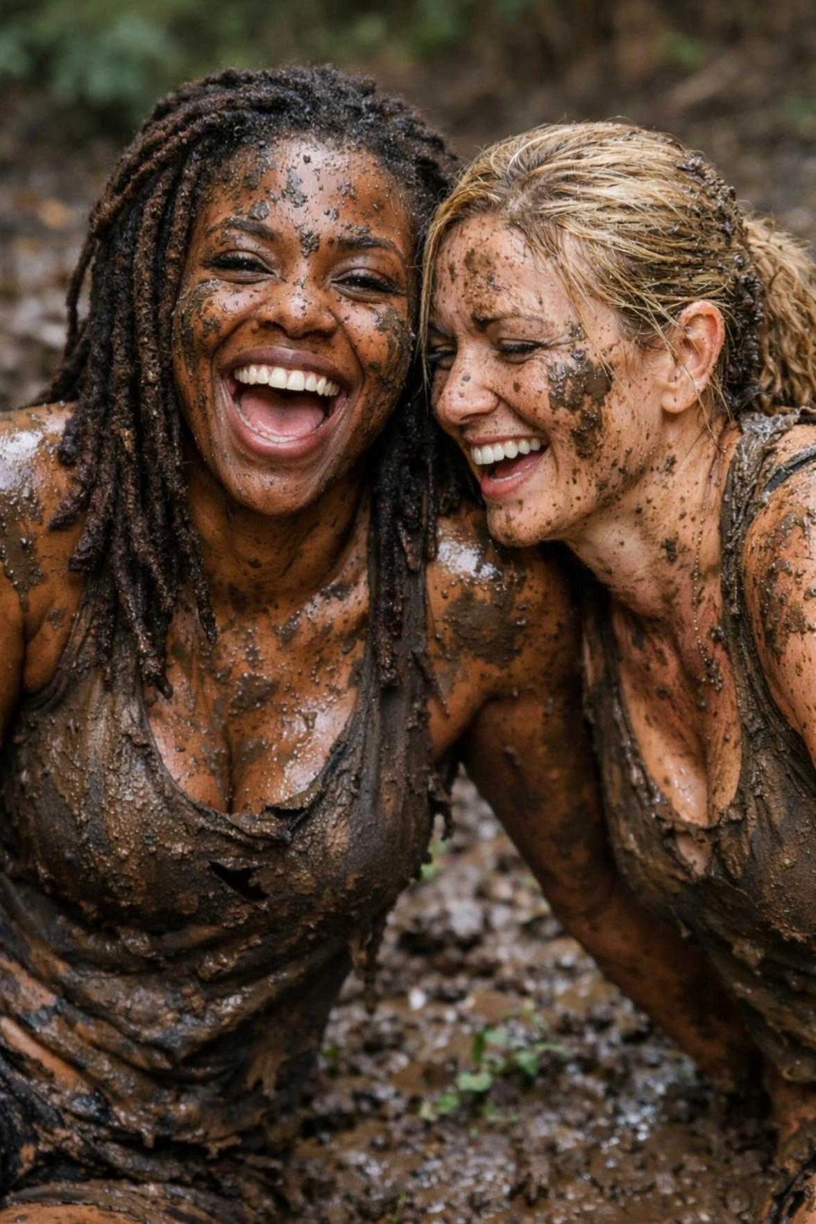 Prompt: the women are  in the mud pool having fun rubbing the mud all over each other to make sure they get all the benefits of the mud 