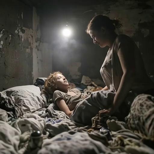 Prompt: Mother and daughter are hiding in their basement while bombs are pounding down above them they are holding on to each other and are terrified the whole thing comes crashing down on them 