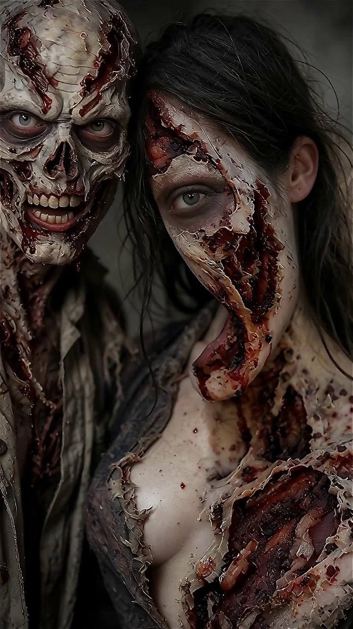 Prompt: zombie man is getting his hand into the other zombie to pull out the heart and lungs for their evening meal 