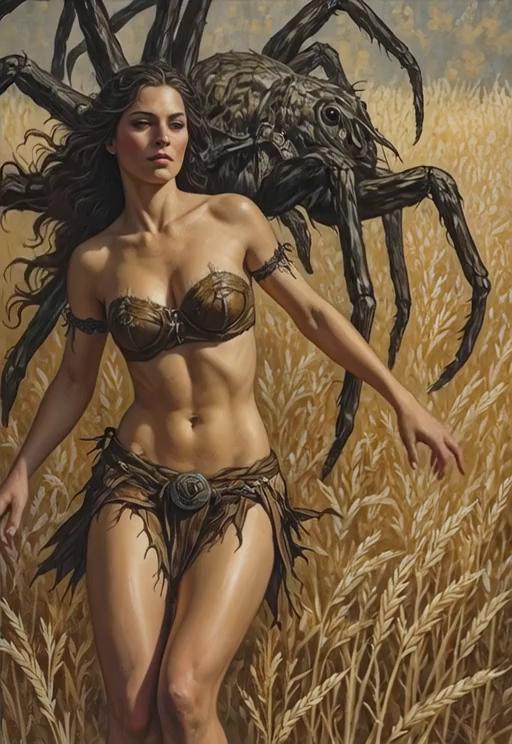 Prompt: Cave woman is caught by a giant spider and wrapped up in silk webbing 