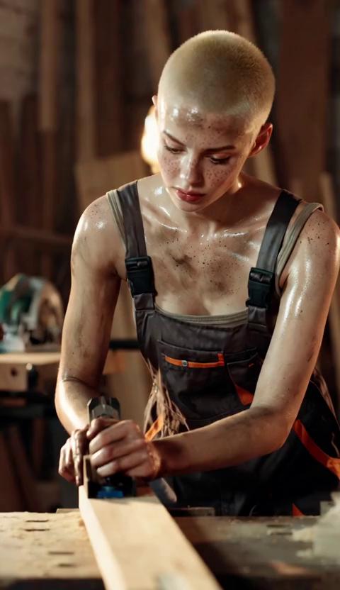 Prompt: One slender women with buzz cut blonde hair and freckles working in a carpentry workshop, she’s wearing overalls, she’s sweating and her skin is dirty from the heat and dust she’s standing at a bench planing a piece of wood 