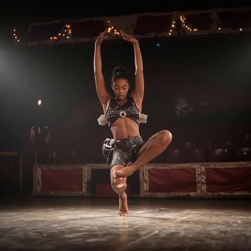 Prompt:  Woman gymnast is doing forward flips ending with her doing the splits on the floor 