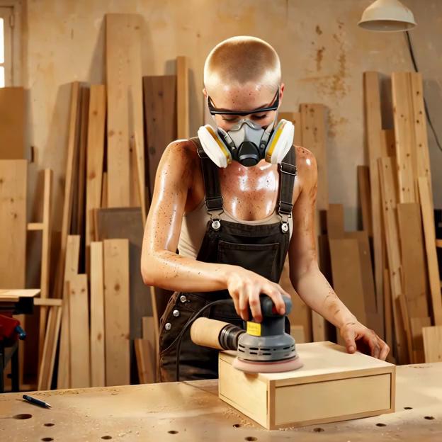 Prompt: One slender women with buzz cut blonde hair and freckles working in a carpentry workshop, she’s wearing overalls, she’s sweating and her skin is dirty from the heat and dust she’s standing at a bench power sanding a box, she’s wearing a mask and goggles. She’s taken slow and easily by her supervisor who plays around with her from behind, she smiles happily at the camera 
