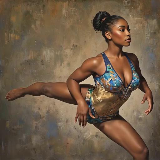 Prompt: Woman gymnast is jumping and flipping her best to get a place on the team and she can still smile at the camera 
