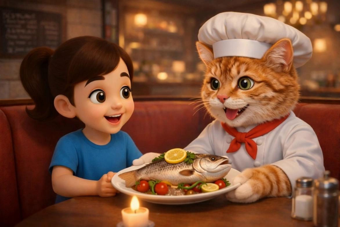 Prompt: Toonshaan starts to eat the fish . and chef cat starts to talk looking directly into the screen . camera slowly zoom in towards chef cats face . toonshaan keeps eating cherry tomatoes and fish with fork  through out the Video 