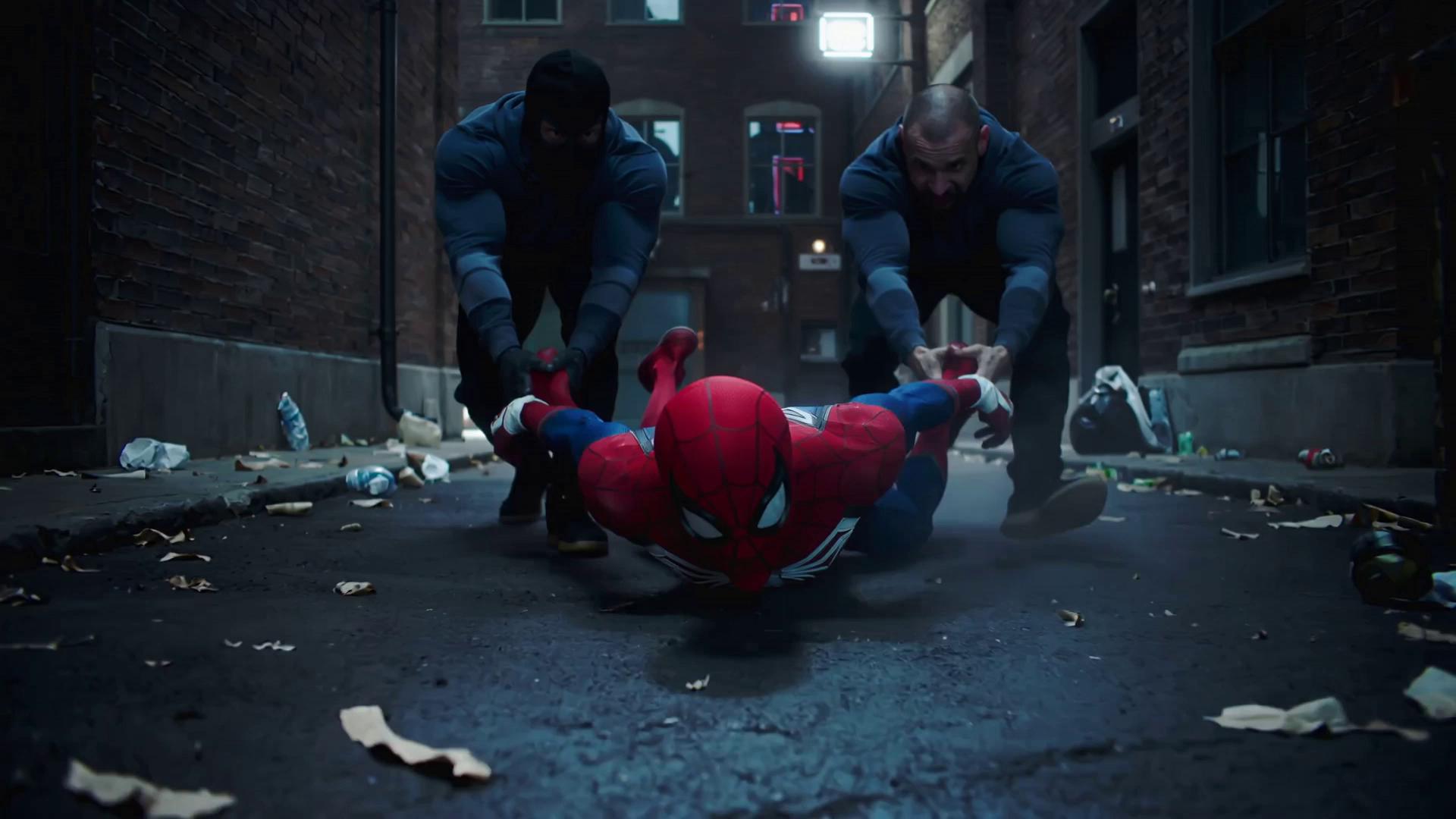 Prompt: @spiderman being dragged through an alley by villians