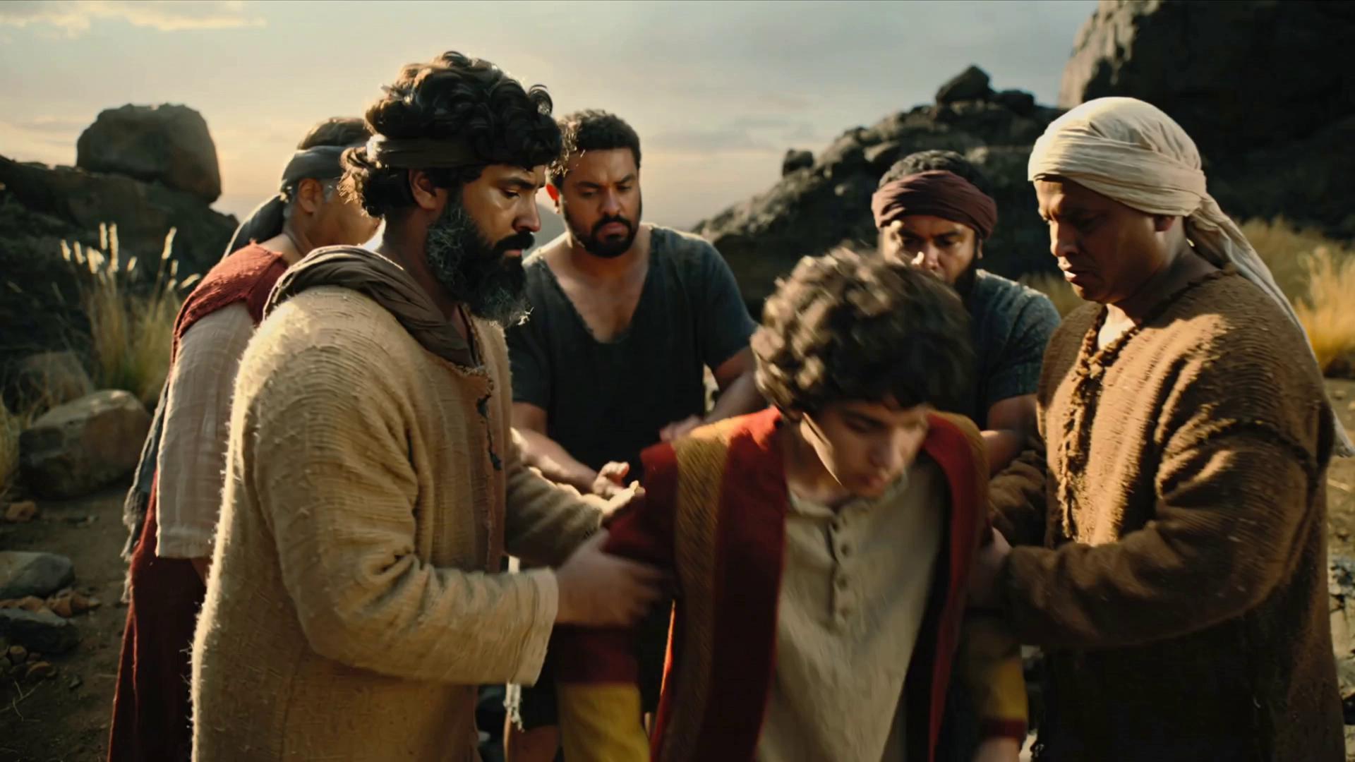 Prompt: THE 10 OLDER BROTHERS angrily throw  17 YEAR OLD JOSEPH, THE SON OF JACOB, AND THROW joseph INTO A PIT, 4,000 YEARS AGO, AS DESCRIBED IN THE HOLY BIBLE!

