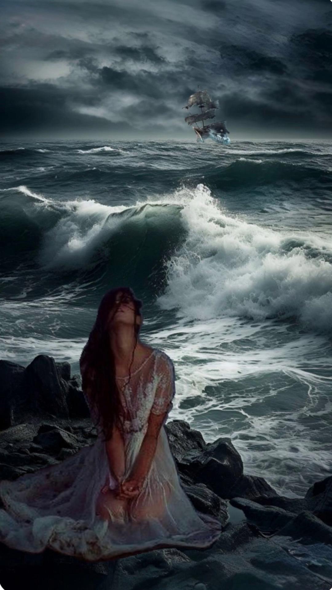 Prompt: Picture is fully animated She goes through her hair to control it fro the wind with both handsThe waves hits hard the shore