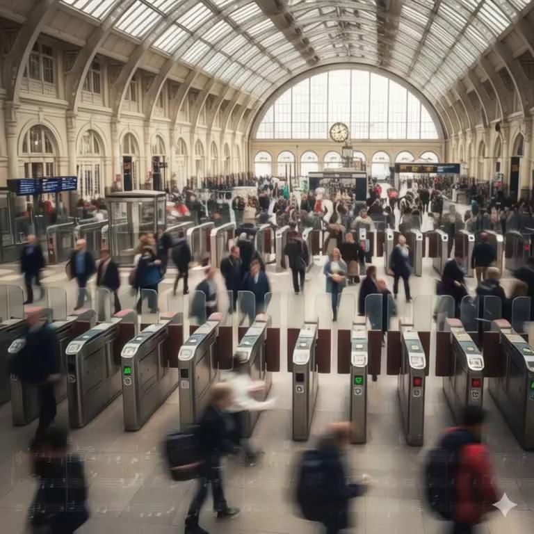 Prompt: SCENE / SHOT / VISUALS: WIDE SHOT, Cinematic, High-Angle: Streams of diverse people flowing through bright, mechanical ticket barriers at Paddington Station. Motion Blur: Emphasize speed.

CLOSE UP, Tracking Shot: Anna (30s, determined) and Mark (30s, slightly relaxed) walking briskly. Style: Documentary-realistic, slightly over-saturated.