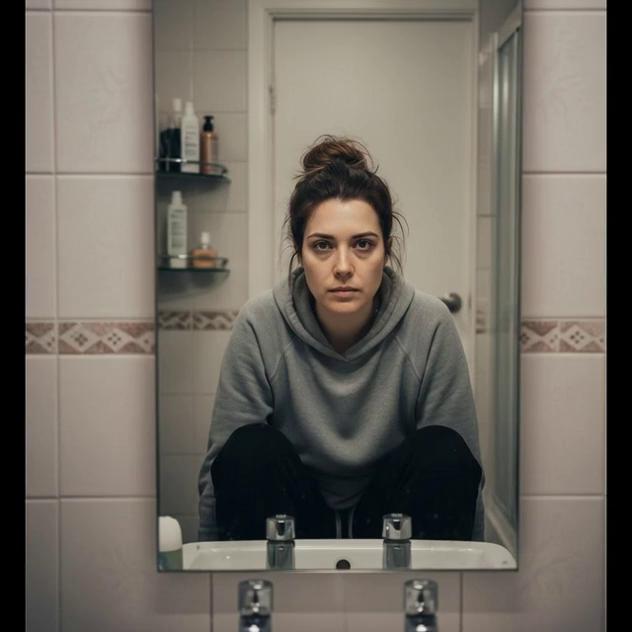 Prompt: visual: Her face in mirror. Dark circles. No makeup.
Action: She stares. Doesn’t smile.
camera/style: Static. Mirror reflection. THEN

visual: Bank app: £0.02. Landlord text: “Rent due Fri.”
Action: She turns away from mirror. 
camera/style: Handheld. Slight blur towards the end of the clip
