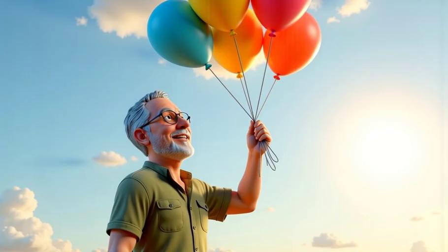 Prompt: As Pops2 smiles upward at the balloons, the camera slowly begins to zoom out while  the balloons are quickly moved upward by a blast of air.  The air also blows Pops2 hair for a few seconds.  Without any change of his grip, Pops2 is gently lifted off the ground as the balloons continue to rise up and move move to the right, being carried by the wind. The camara continues to zoom out as Pops2 looks very surprised and excited.  The balloons continue to rise upward, taking Pops2 with them.  As the balloons and Pops2 climb higher and higher, the camera continues to zoom out while Pops and the balloons start to get smaller in view.  Pops waves goodbye to the camera as they float away. 