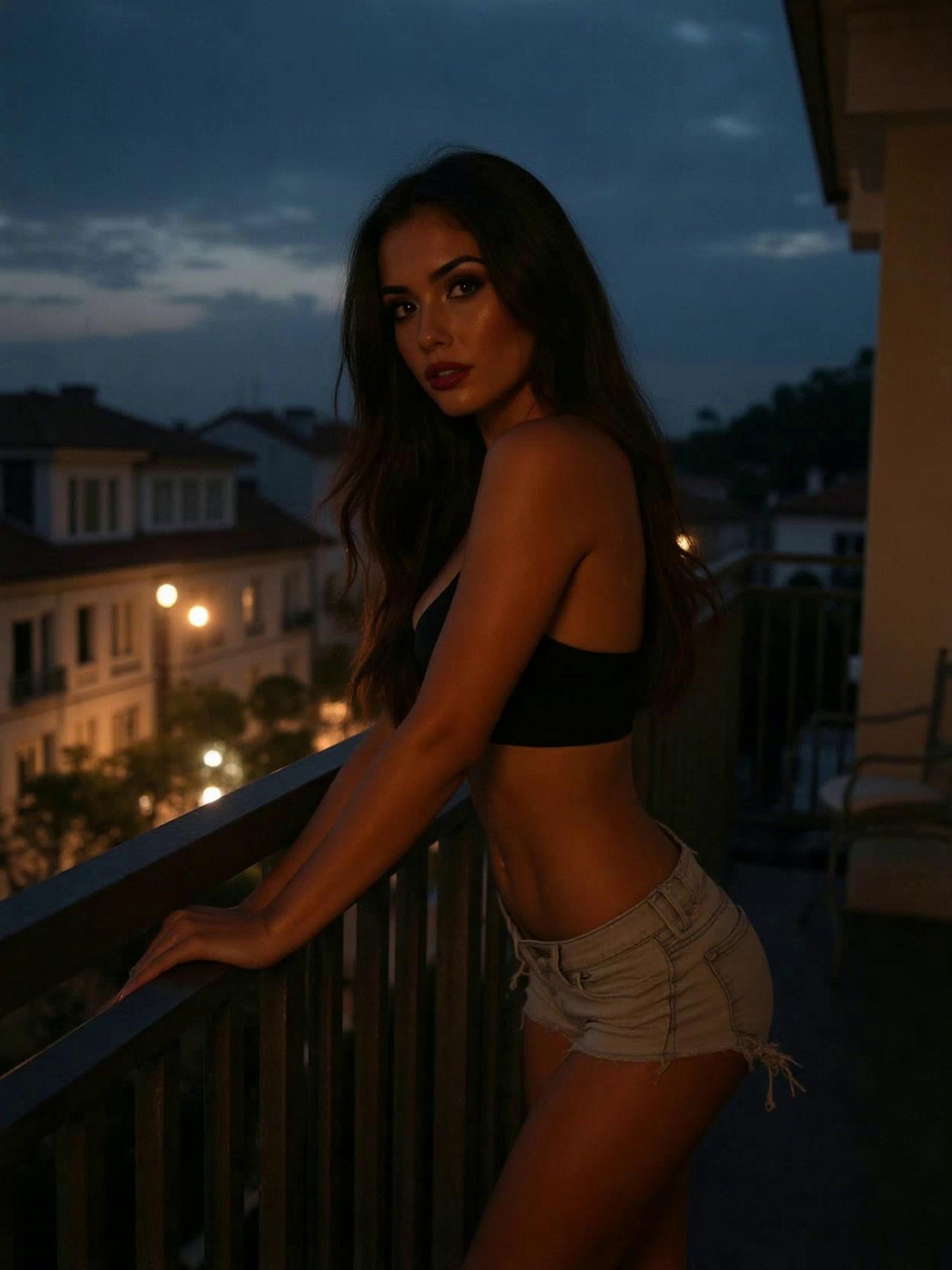 Prompt: A realistic video of a woman from starting image leaning on the balcony fence. She looks at the camera and tilts her head while fixing her hair. She smiles a little bit at the end. 