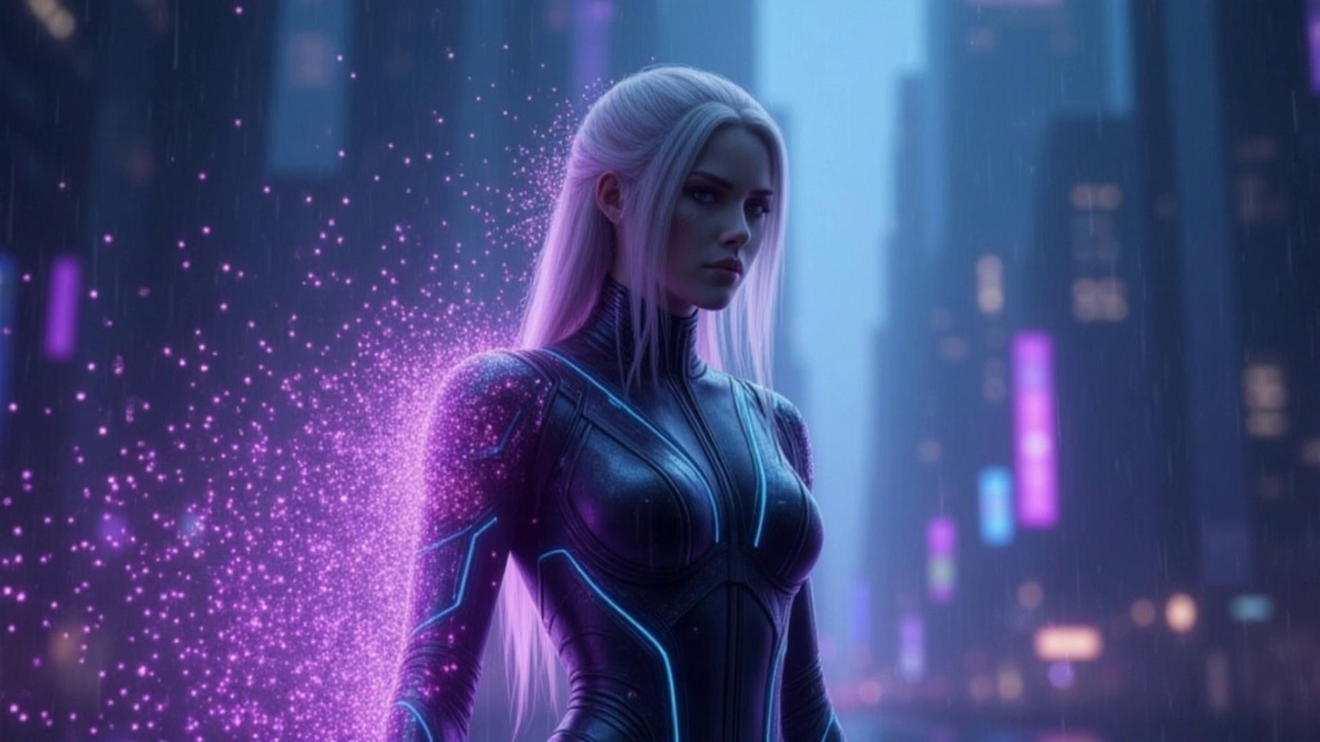 Prompt: The figure slowly  disintegrates into glowing violet particles that drift away in the rain. The atmosphere is dramatic and melancholic, but as the particles fade, the lighting becomes slightly warmer, symbolizing hope. Ultra-detailed, cinematic lighting, photorealistic, emotional composition