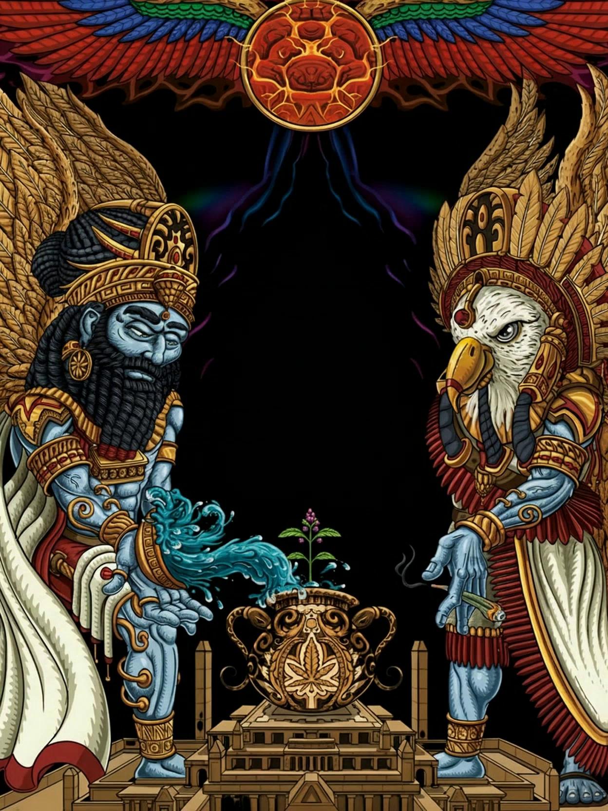 Prompt: The bearded man pours water (animated the water from the bowl in his hand flowing) into the ornate vase, the liquid flowing as the plant sprouts and blossoms into vibrant flowers, the eagle figure sways gently with each breath, the camera stationary.