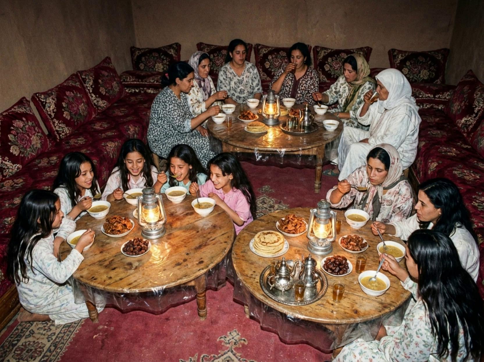 Prompt: De kinderen en vrouwen op de foto genieten van hun eten. Sommige eten soep en sommige eten dadels of Marokkaanse pannenkoeken.  Laat de camera een draai van 180% maken en uitzoomen. De vrouwen en kinderen kijken niet naar de camera 