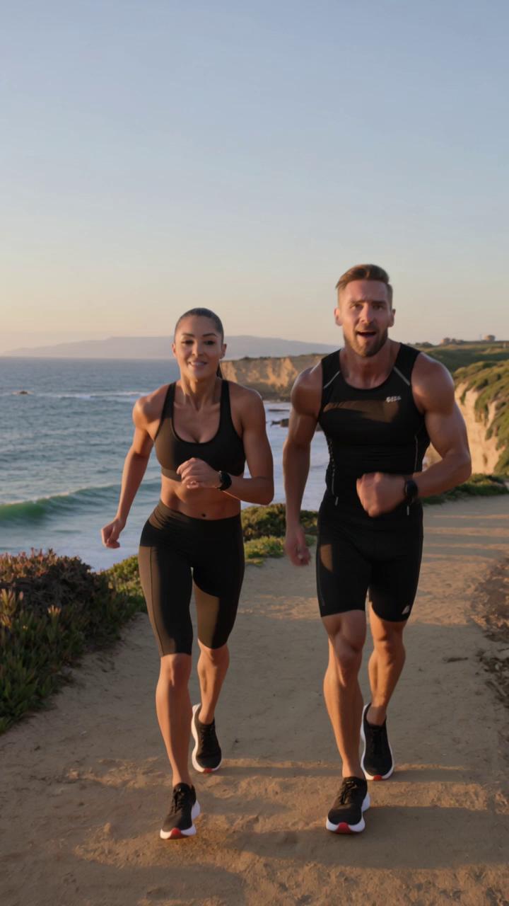 Prompt: Ultra-realistic, vibrant action photo of an exceptionally toned fitness couple sprinting together on a scenic coastal trail at golden hour. Both are in sleek, minimal, and form-fitting running gear—the woman in a high-cut athletic top and the man in specialized compression shorts—that highlights their athletic physiques. They are looking toward the camera with expressions of fierce joy and peak performance. Breathtaking natural landscape in the background, high-detail motion, front-facing.