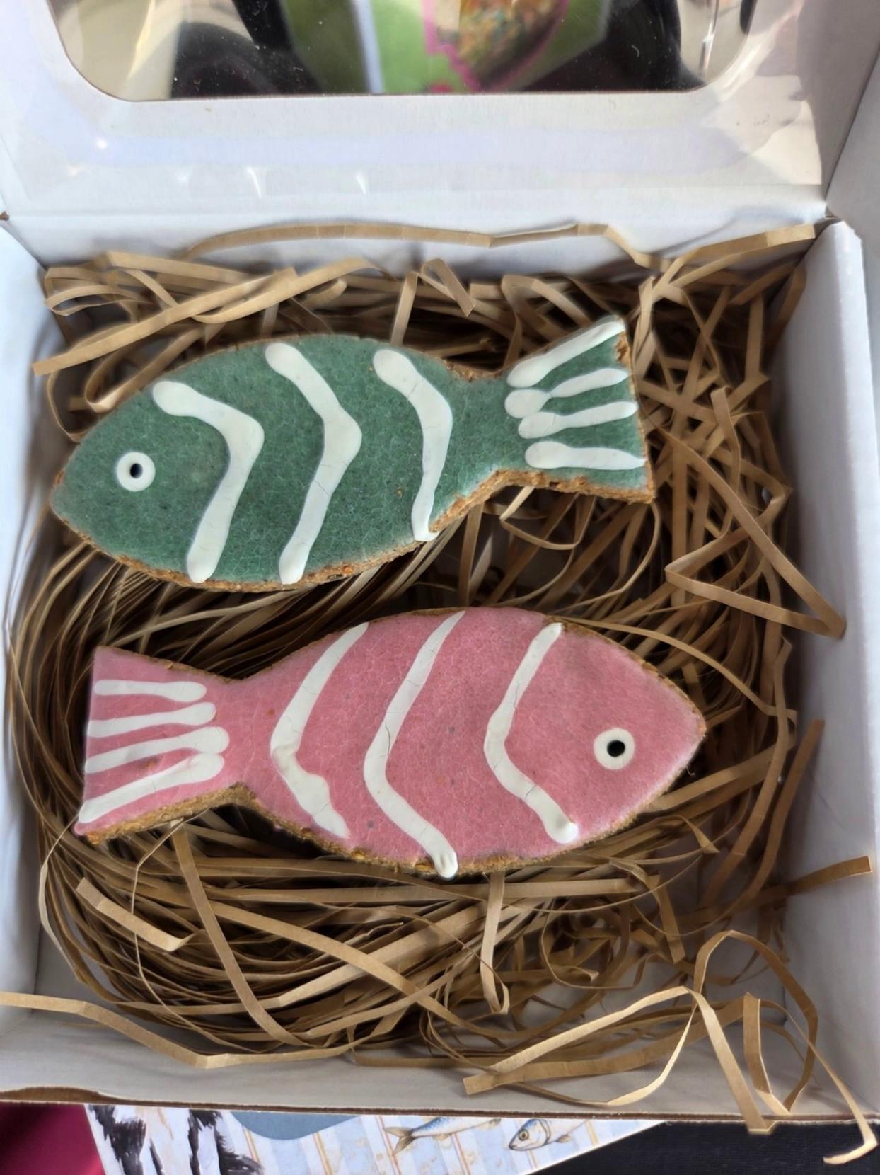Prompt: Ultra realistic cinematic commercial, golden hour on a beautiful sandy beach with gentle ocean waves. The exact fish-shaped dog treats from the reference image (pink fish with white stripes and green fish with white stripes, matte baked cookie texture) magically come alive and gracefully swim through the air like real fish, floating and darting above the beach. They remain clearly crunchy dog treats, not real fish. A happy energetic Golden Retriever runs along the beach, playfully jumping and trying to catch the flying cookie fish in slow motion. The treats move naturally with elegant fish-like movements, creating a playful chase. Warm sunlight, cinematic lighting, shallow depth of field, highly detailed, photorealistic, premium pet food commercial, 8K quality, realistic sand particles, ocean breeze, joyful atmosphere, dynamic camera tracking, slow motion moments, natural colors, high-end advertising style. The fish treats always keep exactly the same design, colors, shape and frosting pattern as the reference image.