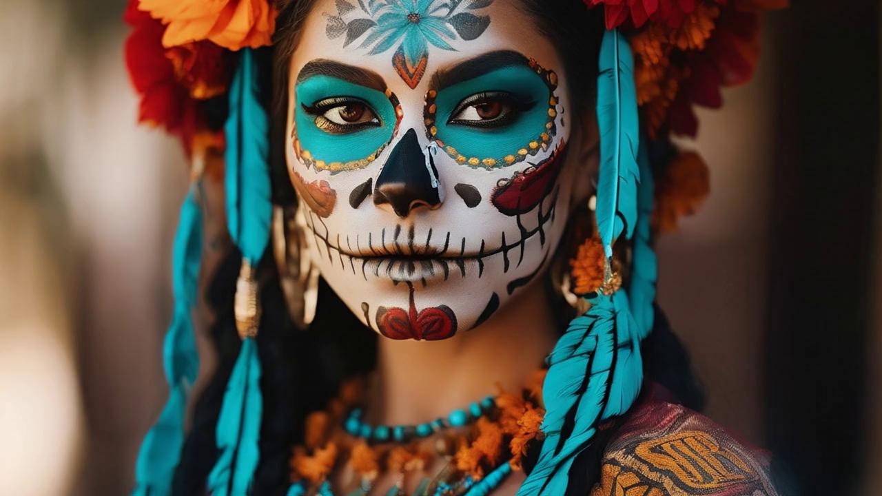 Prompt: The camera slowly zooms in on a beautiful young Mexican woman dressed in vibrant Día de los Muertos attire, standing on a glowing bridge made of marigold petals. Her turquoise and orange sugar-skull makeup glows softly in the candlelight as petals float gently through the air. Warm golden light surrounds her, and the night sky shimmers with spirit energy. As she raises her hand, faint glowing silhouettes of souls and pets appear, peacefully crossing the marigold bridge toward their loved ones. The scene feels calm, sacred, and cinematic — honoring the Day of the Dead with beauty and emotion. Ultra-realistic, 4K, cinematic lighting, slow camera movement, shallow depth of field, masterpiece quality.
