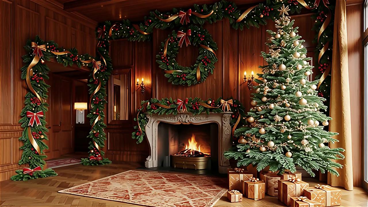 Prompt: still image, the fire is flickering slowly. it's snowy outside