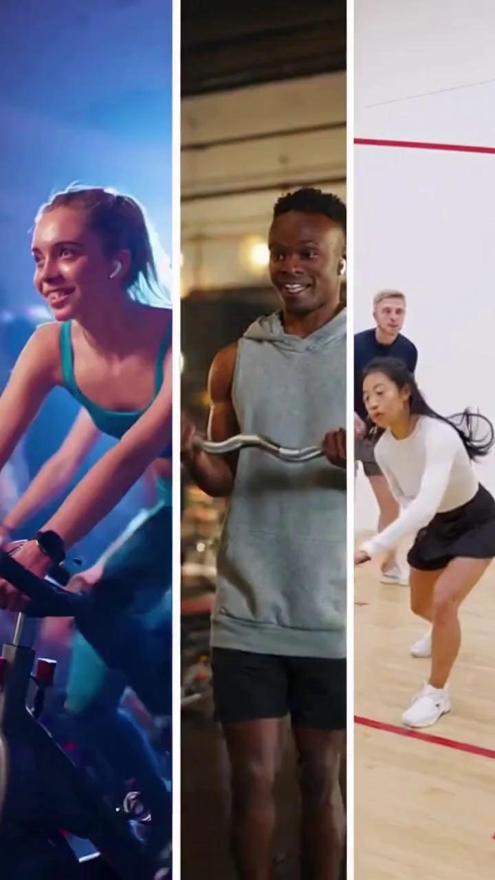 Prompt: Two split screen scenes. 
The first split-screen will show three panels. The first panel is a young white woman working hard in a spin class, then the second panel comes in and it's a young black man lifting weights at the gym, and then the third panel comes in and it's an asian girl and a white guy playing squash. Energetic and bright. 
Then, there is a second split-screen, it’s the same people. First panel is the same young woman sitting on a couch in soft daylight, talking to therapist on laptop, subtle nod. Second panel is the same man from the gym but now in a cozy home office on video call, relaxed posture, deep breath, faint smile. And the third panel is the same couple from squash now sitting together during an online therapy session, listening attentively, holding hands.
Then the screen fades into a beige background. 
