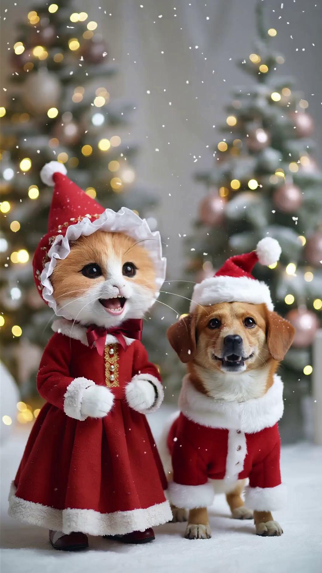 Prompt: A festive scene featuring a fluffy ragdoll cat and a playful jack russell dog standing side by side, joyfully singing a Christmas jingle together. The jack russell is wearing a full Santa outfit — red coat, white fur trim, tiny Santa hat, and a cheerful expression. The ragdoll cat is dressed in a Mrs Claus outfit — red dress with white trim, a cute bonnet, and elegant whiskers. Both characters are animated, lively, and expressive, with mouths moving as they sing. Snow gently falls around them, Christmas lights twinkle in the background, and the atmosphere is warm, magical, and fun. Style: bright, colourful, family-friendly holiday animation.