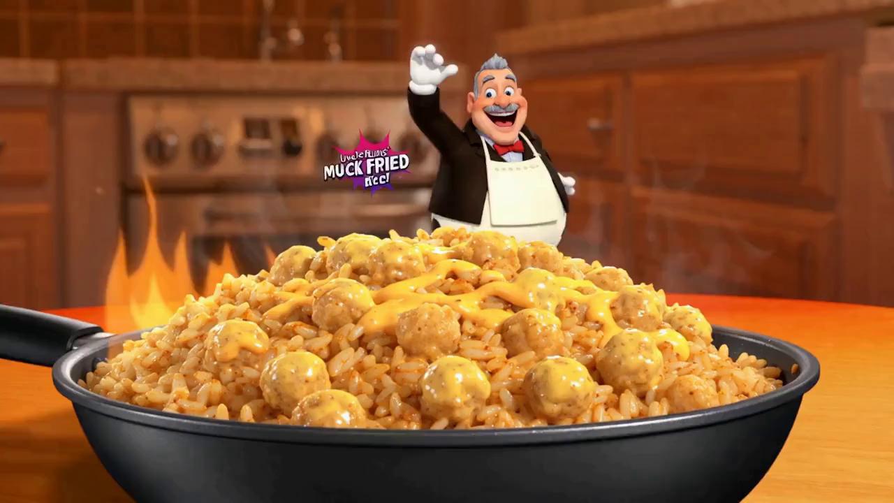 Prompt: create an engaging advert panning camera in showing NEW! from Uncle Bums, muck fried rice, delicious tender chucks of cow dung balls drown in a splendour runny diarrhoea sauce, "mmmm" uncle bums, perfect results everytime. Show real cow dungs 