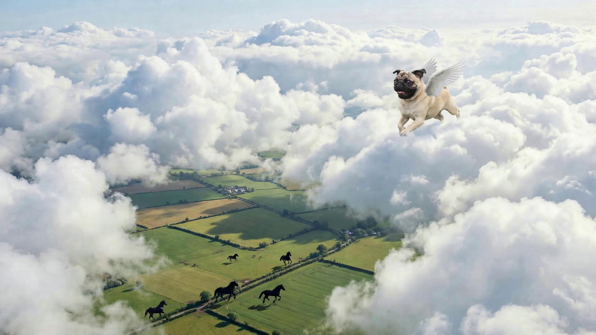 Prompt: the dog is running and flying across the top of the clouds, he keep stopping around the edge of the clouds to look down and bark at the black horses running in the fields below, every time he barks he lifts vertically in the air with his angel wings flapping. The camera angle slowly orbits the dog and clouds slowly glide along the frame exposing more of the fields below with the horses running around below. 